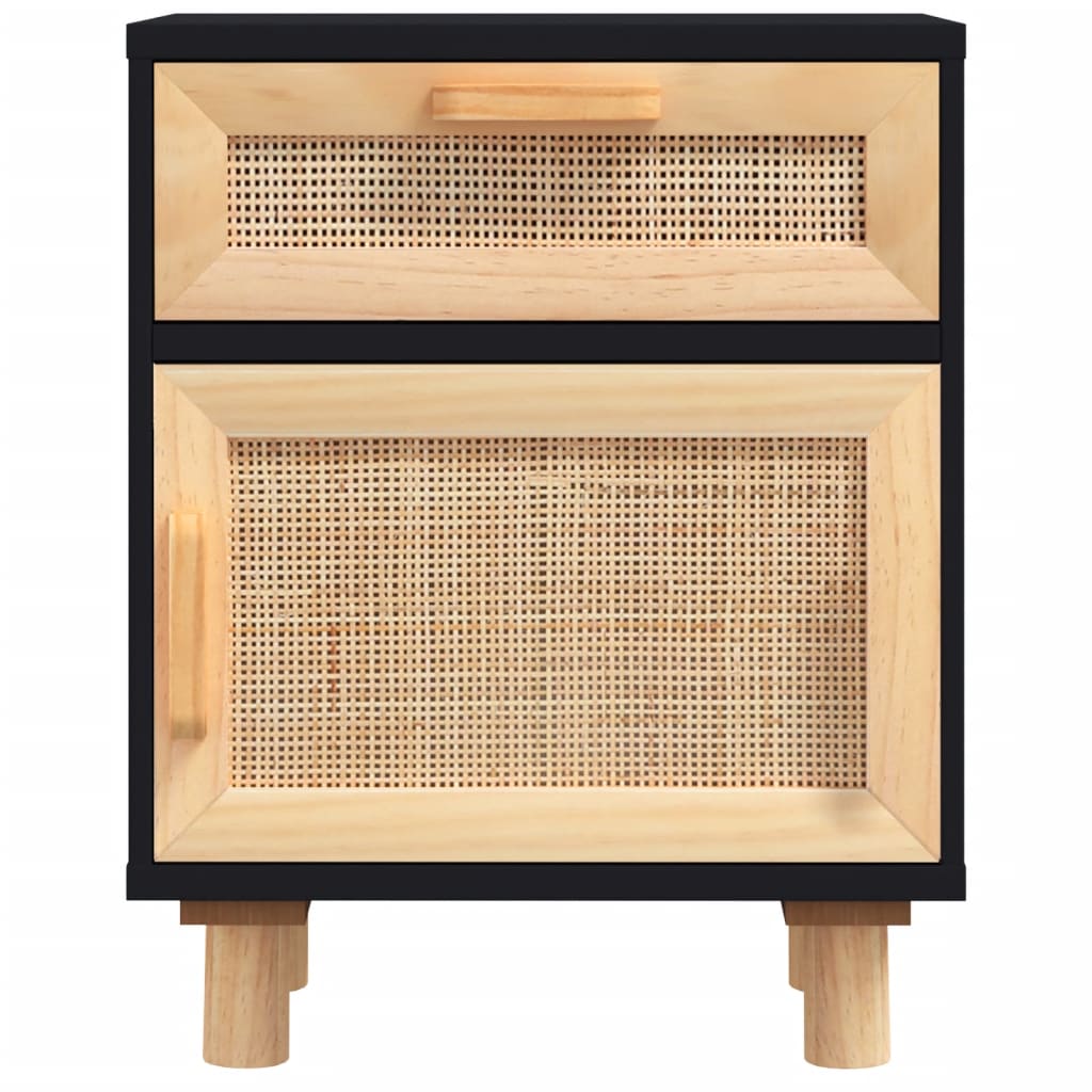 Nachttisch Schwarz Massivholz Kiefer und Natur-Rattan